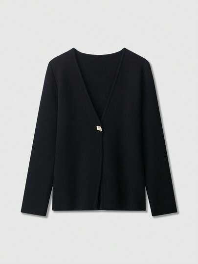 Casual Versatile Simple Solid Color Knitted Cardigan Black
