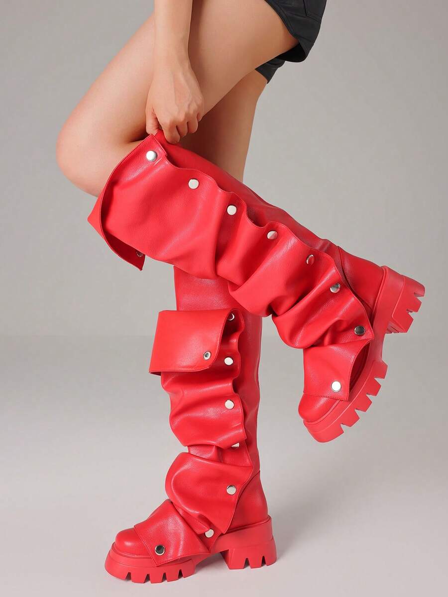 Women Mid Calf Boots Platform Heels Ruch Boots Knee High Fold Over Chunky Heel Short Booties Round Toe Wide Calf Pull-On Shark Boots Daily Party Y2K Dress Boots For Woman - Đỏ A - Xem 1
