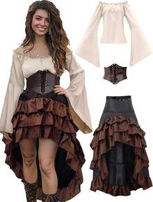 Costume Women Outfit With Renaissance Shirt Skirt Corset Waist Belt Womens Halloween Costumes (White+Red, S) - 米色+棕色 - 查看 1