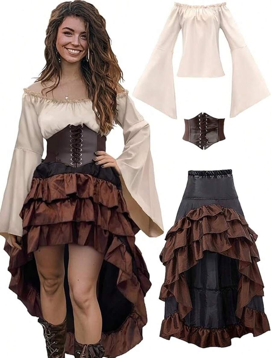 Costume Women Outfit With Renaissance Shirt Skirt Corset Waist Belt Womens Halloween Costumes (White+Red, S) - 米色+棕色 - 查看 1
