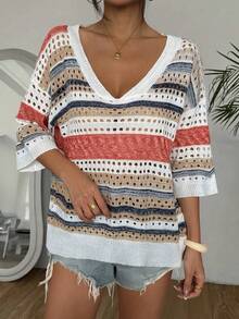 Plus Size Women Holiday Casual Colorblock Striped Sweater - Red - View 8