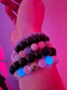 YAUKIA 1 件极其罕见的蓝色霰石和葡萄石串珠手链，能量、镇静、治愈脉轮手链 - 夜光宝石手链首饰 - 彩色 - 查看 2