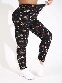 大码女式花卉和叶子印花休闲运动紧身裤，弹力瑜伽裤，适合健身训练，秋冬