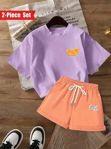 短袖短褲套裝-水果橙子 柚子片圖案，立體燙鑽ok字母，女士 圓領 合身 短袖 夏季上衣,，100%棉質T卹，舒適日常 休閒女裝，ins風，外出度假 - 紫色+橙色 - 查看 2