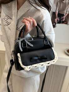 PU 材质简约时尚手提包，优雅女士波士顿包，适合日常、工作、休闲、通勤、节日礼物 - 黑色 - 查看 6