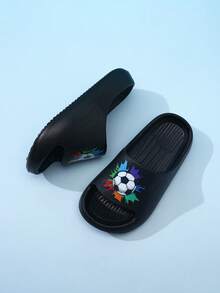 Chanclas de espuma EVA para niños, ligeras, con suela antideslizante y suave, lindas, para uso doméstico casual, de secado rápido, con diseño de fútbol y deportes, de unicolor simple, con suela gruesa, para niños y niñas, sandalias de playa - Negro - Ver 4