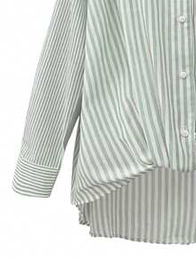 Camisa feminina casual de férias listrada patchwork de algodão bainha dobrada punho frontal costas curtas estilo longo manga comprida, primavera/verão - Verde - Ver 4