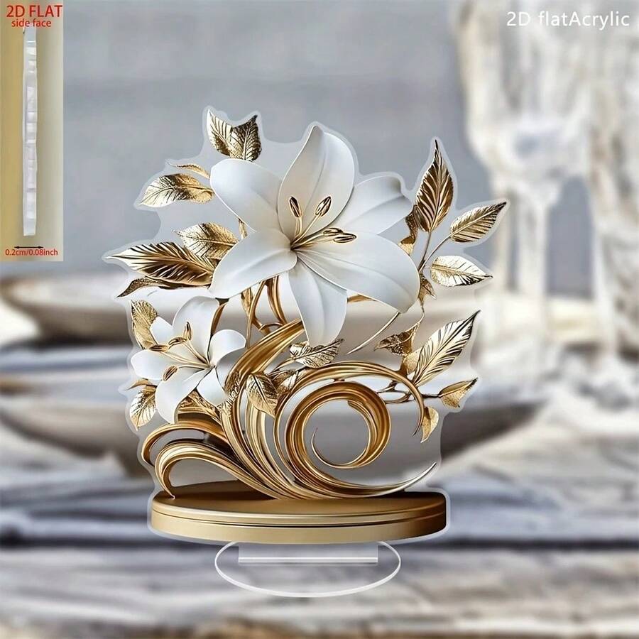 Decoración de sobremesa de lirio en flor plano 2D de acrílico, con diseño de hoja de oro y pistilos - Adecuada para decoración de estilo bohemio en sala de estar, oficina y dormitorio - Regalo perfecto para días festivos y cumpleaños - Gris Claro - Ver 1