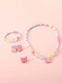 Juego de 5 piezas de collar, pulsera, anillo y aretes con charms de mariposa lindos, adecuado para que las niñas lo usen a diario durante todo el año