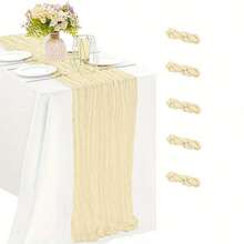 5 件套褶皱象牙白米色桌布波西米亚粗棉布桌旗桌布桌布非常适合婚礼桌布装饰、生日婴儿洗礼派对房间餐桌装饰、结婚周年纪念和宴会派对用品、纱布桌布桌布