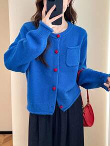 tonlion Tonlion Women's Casual Minimalist Korean Style Contrast Color Button Design Round Neck Sweater Cardigan, Autumn/Winter