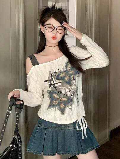 Y2K 性感露肩长袖女式 T 恤，休闲宽松个性图案 T 恤，适合秋冬、圣诞节、春新年