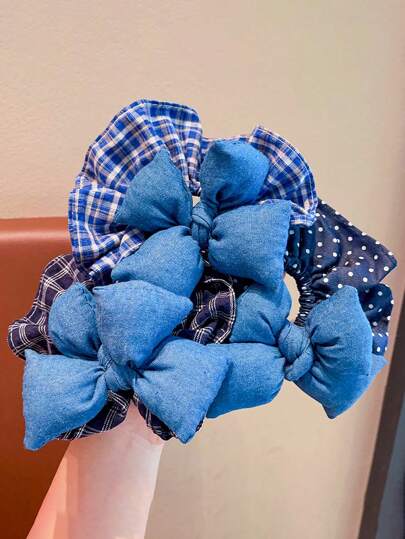 3pcs/Set Children's Fashionable & Versatile Accessories, Sweet Girls' Minimalist High-Quality 3D Fabric Bowknot, Denim Blue Scrunchie Hair Ties, Suitable For Outing, Travel, Daily Wear