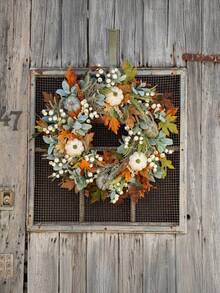 1pc Pumpkin Wreath With Artificial Maple Leaves - Red Orange Green Gray Fall Harvest Door Decorations - No Electricity Required, Easily Hang On Front Door, Mantel, Table Centerpiece - Halloween, Thanksgiving, Christmas Home Decor - Durable Plastic/Leaf Material - Fall Home Decorations - Multicolor - View 5