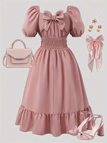Vestido de manga farol con hombros descubiertos, decorado con moño y unicolor, de estilo casual y elegante para niñas y adolescentes, primavera y verano - Rosa - Ver 2