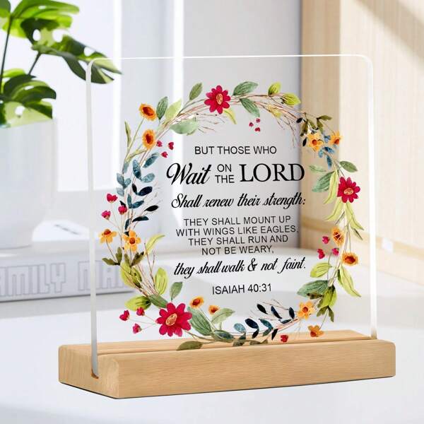 1pc Acrylic Religious Desktop Plaque With Wooden Stand, Christian Inspirational Quotes - Floral Faith Decor, Acrylic Plaque With Bible Verses For Home Decoration