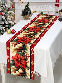 1pc 35*180cm/13.78*70.87inch Christmas Tablecloth, Red Candle, Holly, Golden Christmas Flower & Bell Decor With Golden Edge, Festival Fabric Decoration Suitable For Dining Table, Coffee Table, Hallway, Create Warm Christmas Atmosphere
