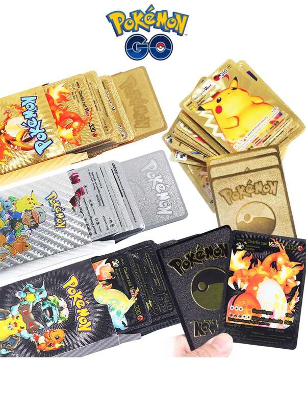 pokemon Ensemble de 55 cartes Pokémon dorées : Cartes VMAX/GX/EX avec Charizard, Pikachu, Arceus en texte anglais - Cartes Pokémon colorées pour les fêtes et les cadeaux d'anniversaire