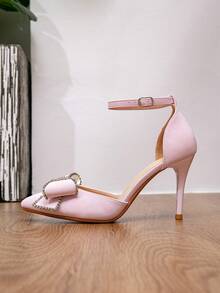 春秋季时尚婚鞋，浅粉色皮革鞋面，饰以水钻蝴蝶结，尖头细高跟，舒适性感，完美搭扣设计，派对/宴会可爱公主风高跟鞋，耐磨橡胶外底，适合日常通勤。 - 淺粉色 - 查看 7