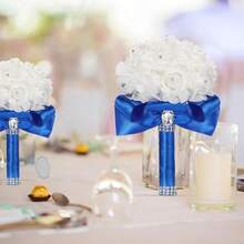 Jutom 6 Pack Wedding Bouquets Bride Roses Bridesmaid Bouquet Bridal Bouquet Flowers Wedding Hand Holding Bouquet With Soft Ribbons Engagement Bridal Shower Church Party (White) - Royal Blue - View 9