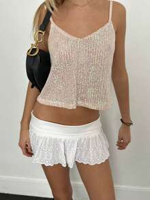 Women Y2K Sequin Cami Top Sparkle Tank V Neck Open Back Spaghetti Strap Crop Tops Summer Glitter Crop Top Party Clubwear - 杏色 - 查看 5