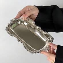 Bandeja vintage de acero inoxidable con plato postre con relieve, cara espejada, para almacenamiento de joyas y decoración del hogar - Plateado - Ver 7