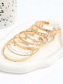 7件套欧美风格手镯套装，包含锤纹、箭头、花卉、几何图案开口手镯，珠宝礼品 - 金黃色 - 查看 3