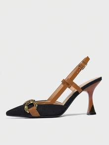 Women's Vintage Floral Design Chain Decor Pointed Toe Ankle Strap Thick High Heel Pumps, Elegant And Comfortable For Outdoor Daily, Commuting, Party, Festival Wear, Black And Brown Color, Spring/Summer/Autumn/Winter,Elegant - Black - View 7