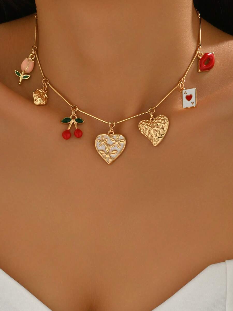 1 件可爱滴釉樱桃和金色心形吊坠项链，百搭滴花设计女士珠宝，适合日常佩戴、海滩度假、约会、派对 - 彩色 - 查看 1