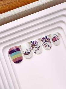 NAIO 24pcs False Nails Kids Girls Press On Short Artificial False Nails Cute Pre Glued Full Coverage Acrylic Nail Tips Set Suitable For Children Little Girls Nail Decoration (Rainbow Unicorn)