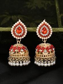 1 对优雅水滴吊坠耳环，宝莱坞风格彩色水钻搭配人造珍珠流苏首饰，巴基斯坦流行耳环，适合女性婚礼、节日派对佩戴 - 水滴 - 查看 10