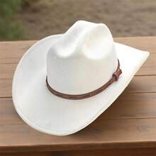Retro Woolen Cowgirl Hat For Women Men Leather Belt Wide Brim Western Cap For Wedding, Party - 白色 - 查看 2