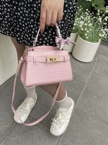 2025 鳄鱼压纹女士手提包，百搭女士小号托特包，适合工作和日常使用，配有围巾 - 粉色 - 查看 4