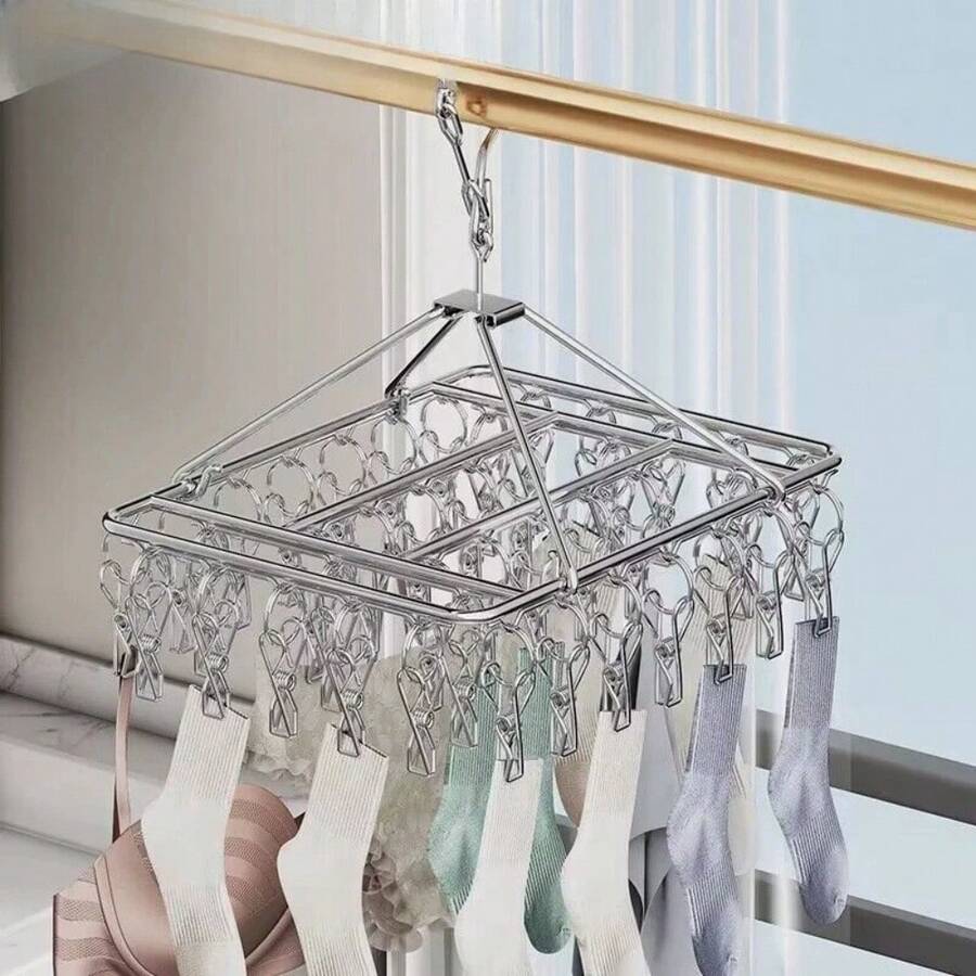 Durable Stainless Steel Cloth Hanger With Anti-Wind Clips - Ideal For Drying Socks, Underwear And Christmas Stockings, Space-Saving Home And Store Display Design, Clothes Rack, Drying Rack - Multicolor - View 1