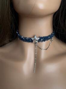 New Fashion Jewelry Denim Choker, Star Tassel Pendant Necklace, Heart Collarbone Chain For Women