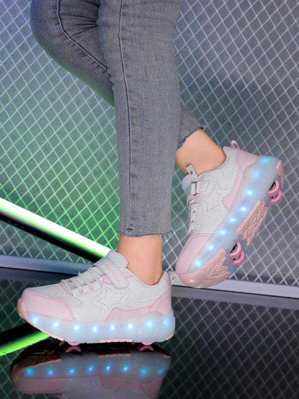 Youth LED Light Up Roller Skate Shoes, Retractable Wheels For Spring, Summer, Autumn, Winter, All Seasons, Fashionable Street Style Plaid Skateboard Shoes With Hook And Loop And Rechargeable Lithium Polymer Battery, Low-Top Sports Roller Skating Outdoor Shoes With Breathable PU Upper And Durable TPR Sole