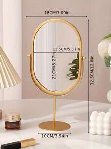 1 pieza Espejo de maquillaje ovalado giratorio 360°, con marco de metal, sin batería, adecuado para dormitorio, dormitorio, espejo cosmético portátil de una sola cara. Diseño elegante/Decoración del dormitorio