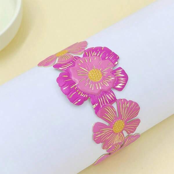 1pc Rose Pink Printed Bracelet, Elegant Floral Jewelry Design For Women