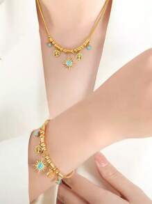 2pcs Set Life Tree & Sun Turquoise Pendant Necklace & Bracelet Jewelry Set, Fashion & Versatile