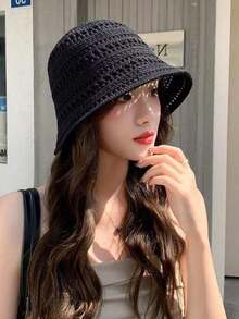 1pc Women's Summer Fashion Hollow-Out Woven Bucket Hat, Female Outdoor Narrow Brim Knit Basin Hat, Casual Versatile Sun Hat - MZ3064 - View 1