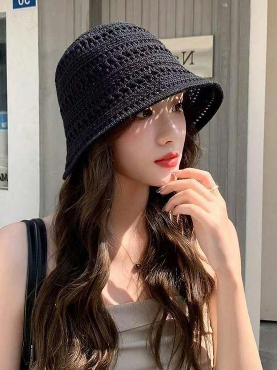 1pc Women's Summer Fashion Hollow-Out Woven Bucket Hat, Female Outdoor Narrow Brim Knit Basin Hat, Casual Versatile Sun Hat - MZ3064 - View 1