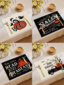 4 piezas/6 piezas/60 piezas Individuales de Halloween, individuales de lino con diseños de fantasmas de dibujos animados, castillos, arañas, murciélagos y letras, resistentes a la suciedad, aplicables para el hogar, restaurantes, decoración de mesa de comedor, artículos del hogar