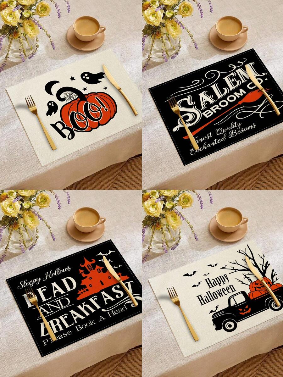 4 piezas/6 piezas/60 piezas Individuales de Halloween, individuales de lino con diseños de fantasmas de dibujos animados, castillos, arañas, murciélagos y letras, resistentes a la suciedad, aplicables para el hogar, restaurantes, decoración de mesa de comedor, artículos del hogar