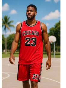 Men's Adult Sports Set T-Shirt With Basketball Shorts - Red and Black - View 2