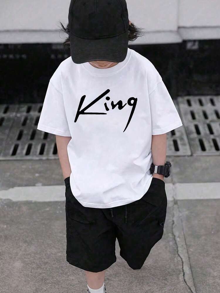 Boys' Summer Casual King Print Crew Neck T-Shirt, Cotton, Geometric Pattern, Slight Stretch, Knit Fabric, Loose Fit, With Applique, For Children 12 And Under - White - View 1