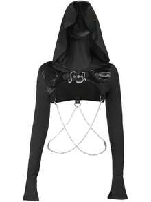 TOMETO Women Gothic Punk Hoodies Bandage Crop Tops Long Sleeve Pullover Sweatshirt Rave Festivals Streetwear