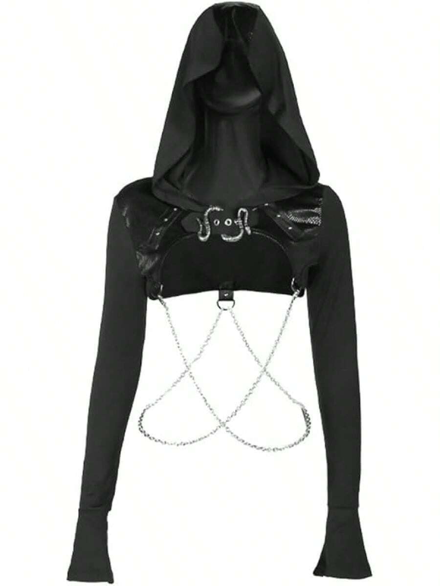 TOMETO Women Gothic Punk Hoodies Bandage Crop Tops Long Sleeve Pullover Sweatshirt Rave Festivals Streetwear