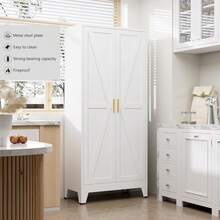 Armario de almacenamiento metálico de estilo rústico con 4 niveles, 2 puertas correderas y 3 estantes ajustables, 155 cm, ideal para la cocina, el hogar, la oficina, el garaje o la sala de estar, color blanco. - Blanco - Ver 3