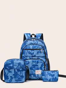 Fashionable New Tie-Dye Cartoon Large Capacity Backpack 3pcs/Set - Blue - View 2