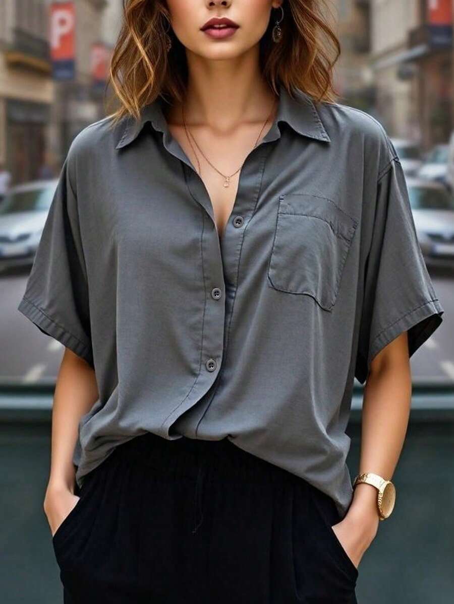 Women's Simple Short Sleeve Shirt, Casual Summer Holiday Wear - Grey - View 1